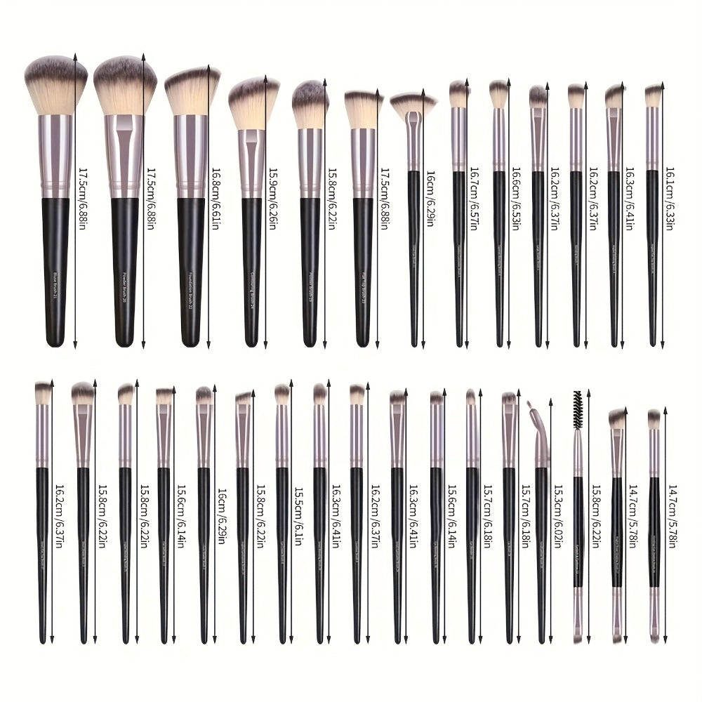 Makeup Brush Set, 30-Piece Nylon Bristle Collection with Alloy Handles, Face and Eye Brush Shapes and Storage Pouch