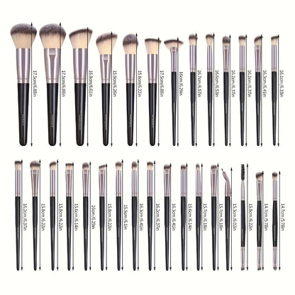 Makeup Brush Set, 30-Piece Nylon Bristle Collection with Alloy Handles, Face and Eye Brush Shapes and Storage Pouch