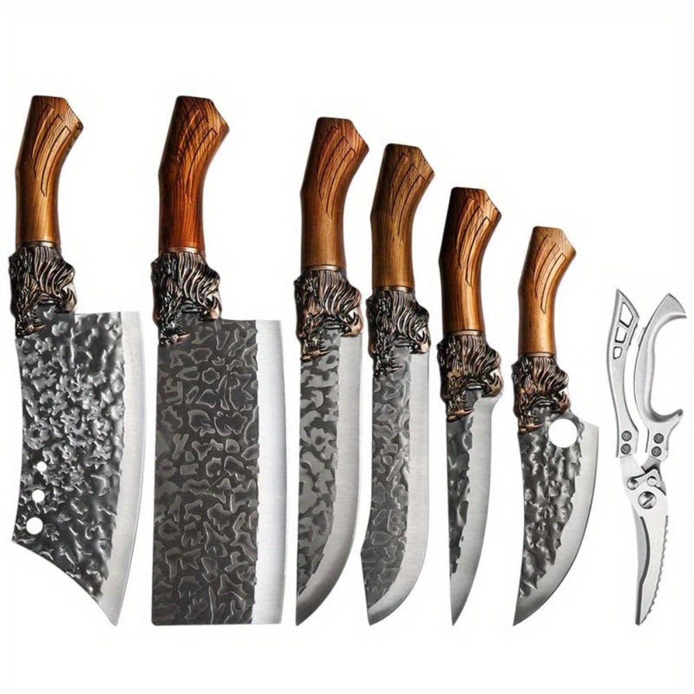 Multi-Piece Kitchen Knife Set with Stainless Steel Labels in Black Three-Piece or Brown Seven-Piece Options