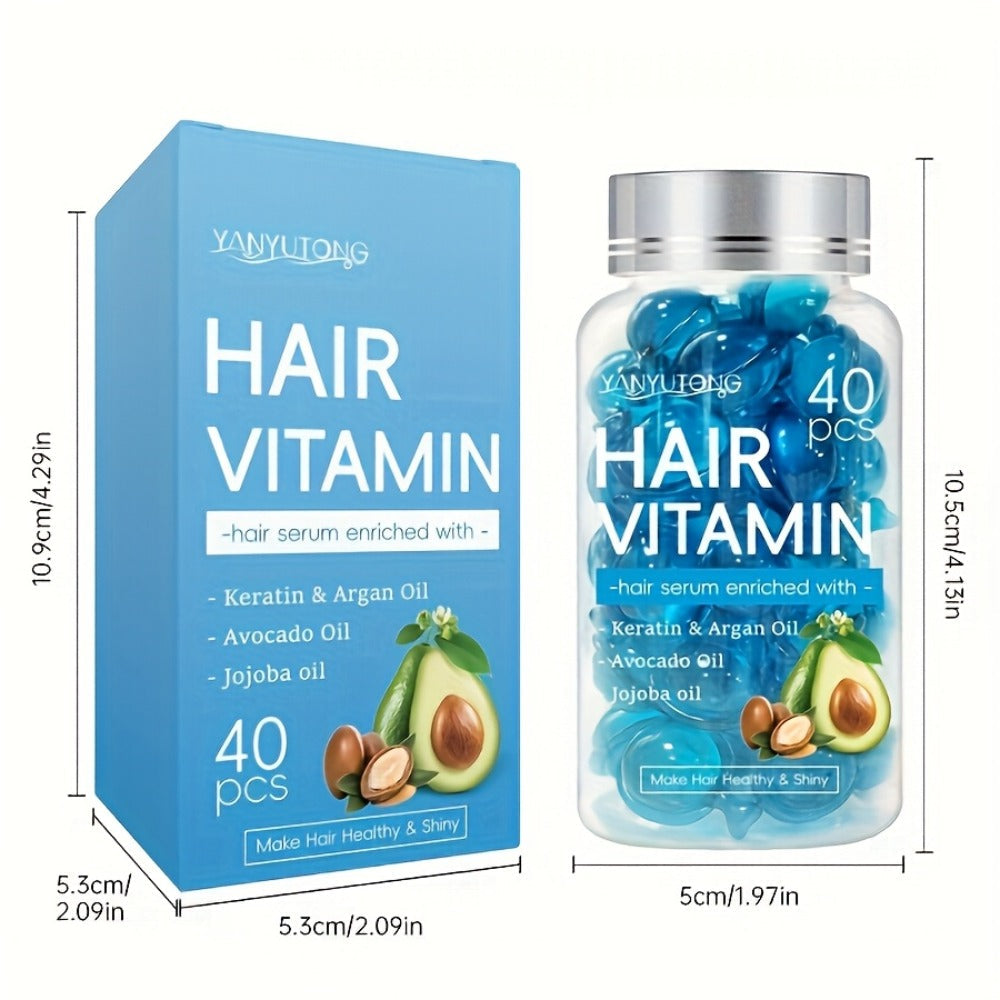 Hair Oil Capsules 40pcs — Keratin Hair Vitamin Essence with Moroccan Argan Oil, Avocado Oil & Jojoba Oil | No-Rinse Deep Nourishing & Smoothing Treatment for Frizz Control & Shine | All Hair Types