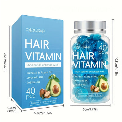 Hair Oil Capsules 40pcs — Keratin Hair Vitamin Essence with Moroccan Argan Oil, Avocado Oil & Jojoba Oil | No-Rinse Deep Nourishing & Smoothing Treatment for Frizz Control & Shine | All Hair Types