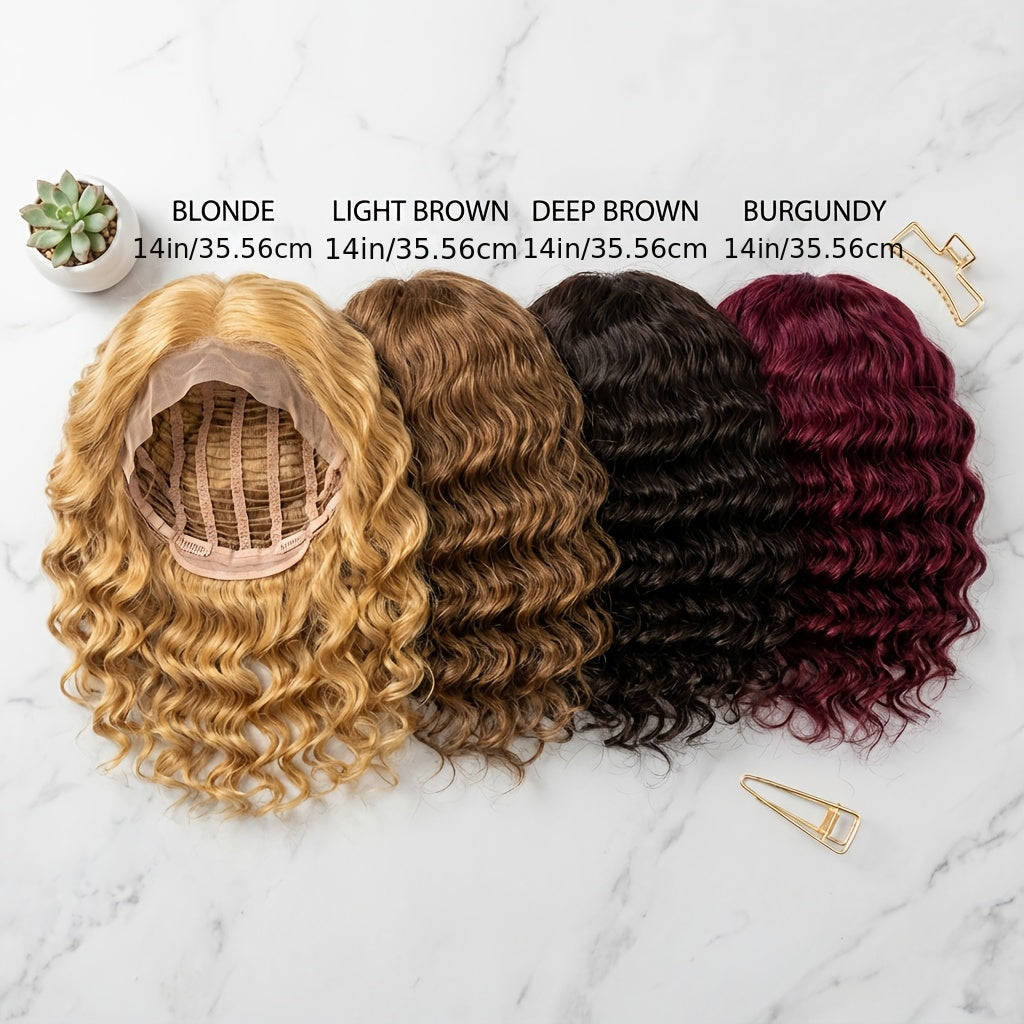 Synthetic Wig 14-Inch Deep-Wave Curly Bob with Glueless Rose Net Cap in Four Colors for Daily Style