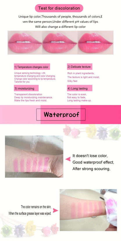 Jelly Lip Balm Set 6 Pack Color Changing — Temperature-Sensitive Dried Flower Extract, Sheer Moisturizing Clear Gloss, Natural Pink Tint, Long-Lasting Hydration Lip Care for Women