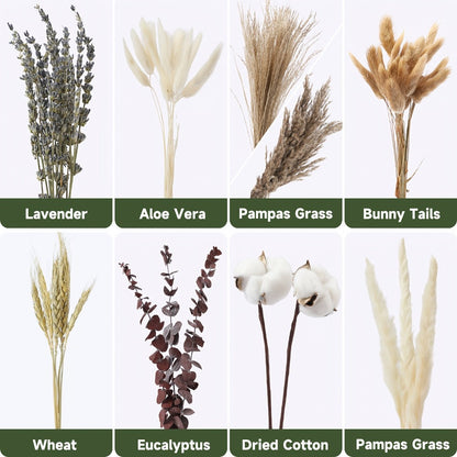 Natural 80-Piece Dried Flower Bouquet with Pampas Grass, Bunny Tails, Eucalyptus, Lavender and Wheat