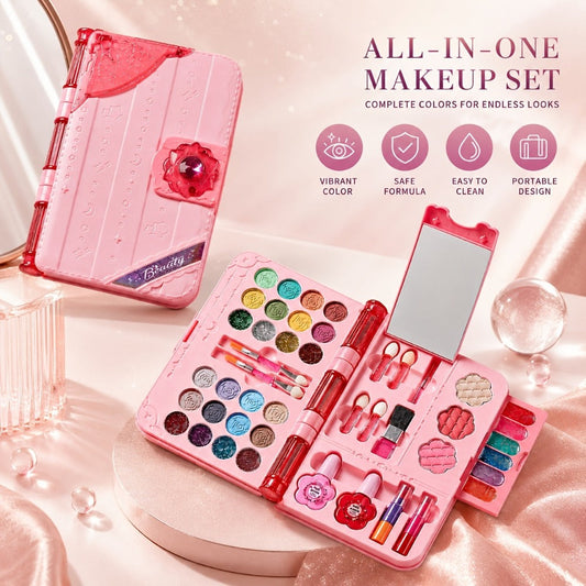 Kids Washable Makeup Set with Mirror — Princess Makeup Case for Girls, Birthday & Halloween Gift, Safe Non-Toxic Cosmetic Play Set for Children