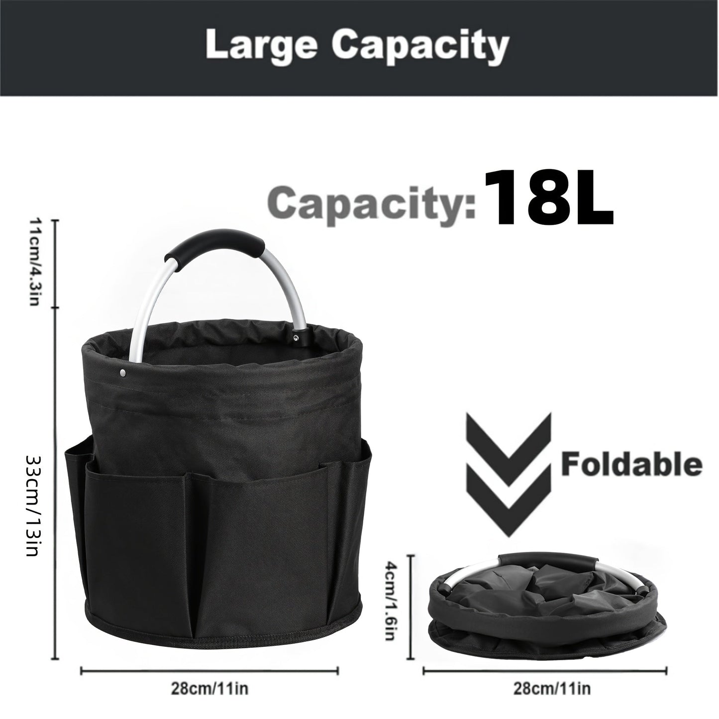 Foldable Cleaning Caddy Organizer 17L with Handle – Portable Collapsible Bucket Bag with 6 Pockets for Cleaning Supplies, Toiletries & Garden Tools, Multi-Purpose Home Travel Basket