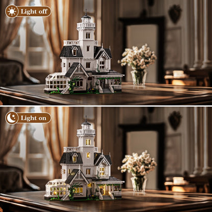 Building Block Set Owen's House with 1877 Pieces, Three-Level Tower, Porch, Conservatory and Lighting