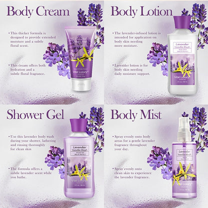 Luxury Bath Gift Set for Women 4pcs Lavender Vanilla Body Care Kit Shower Gel Body Lotion Body Cream Fragrance Mist for Mom Wife Girlfriend All Skin Types