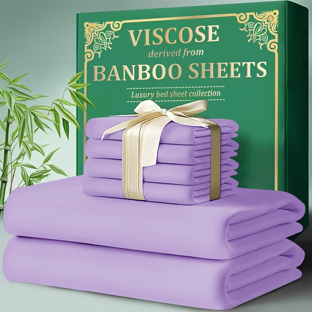 Bed Sheet Set 4-Piece Bamboo-Derived Cooling Fabric with Deep-Pocket Fitted Sheet and Four Bed Sizes