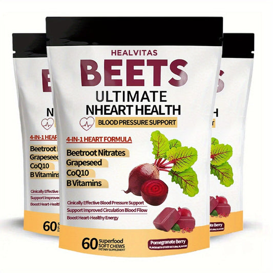 Super Beet Chewable Gummies with CoQ10 Grape Seed Extract & B Vitamins — 4-in-1 Blood Pressure Heart Health Circulation & Energy Support for Women and Men | 60 120 or 180 Count