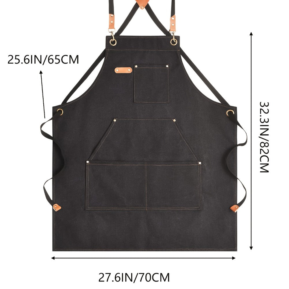 Black Crossback Canvas Work Apron, 27 x 32 Inch Bib with Three Utility Pockets and Long Straps for Kitchen or Workshop