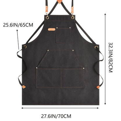 Black Crossback Canvas Work Apron, 27 x 32 Inch Bib with Three Utility Pockets and Long Straps for Kitchen or Workshop