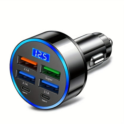 6-in-1 Car Charger 2-Pack with Ambient Light & Voltage Display – Dual PD Fast Charge + QC3.0 + 4 USB Ports Matte Finish – Multi Port USB Car Charger for iPhone 15 14 13 Samsung Android 12V 24V