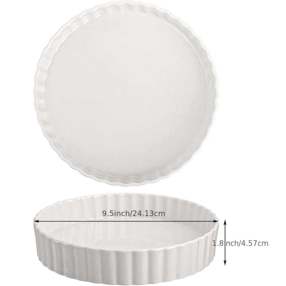 Two-Piece 9.5 Inch Ceramic Quiche Pan Set with Fluted Edges in Blue, White or Red for Pies and Tarts