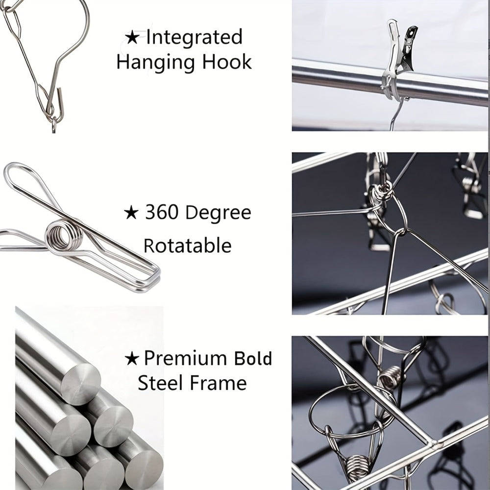 Stainless Steel Hanging Laundry Drying Rack with Square or Round Frame and 30, 40 or 50 Garment Clips