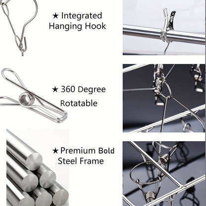 Stainless Steel Hanging Laundry Drying Rack with Square or Round Frame and 30, 40 or 50 Garment Clips