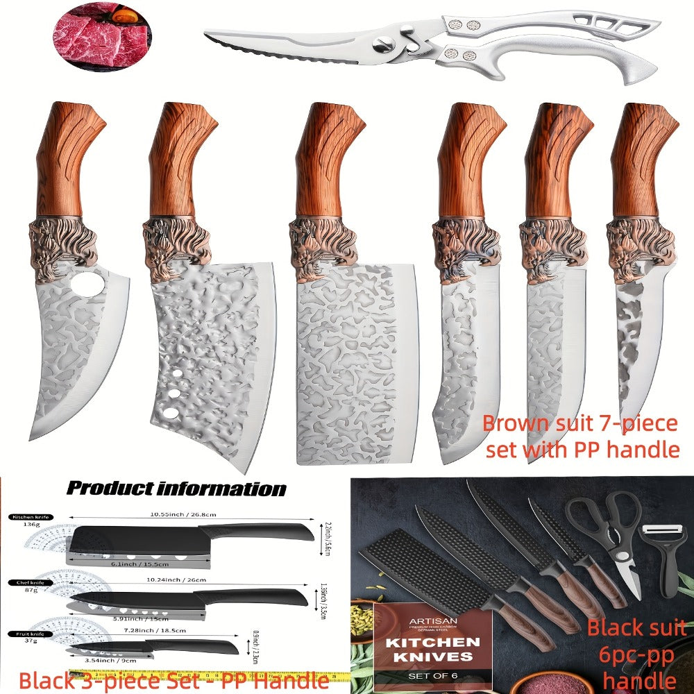 Multi-Piece Kitchen Knife Set with Stainless Steel Labels in Black Three-Piece or Brown Seven-Piece Options