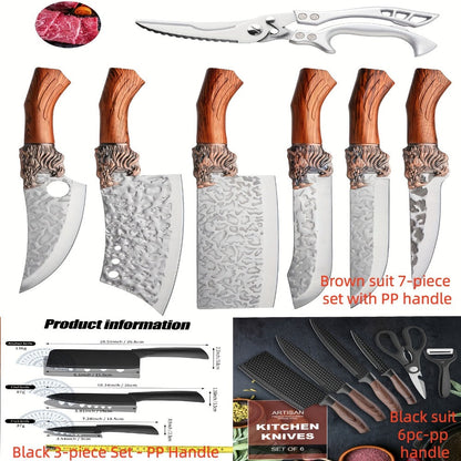 Multi-Piece Kitchen Knife Set with Stainless Steel Labels in Black Three-Piece or Brown Seven-Piece Options