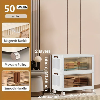 Stackable Storage Cabinet with Doors and Wheels | Collapsible Plastic Locker 1-5 Layers Large Capacity Home Organization for Bedroom Living Room Kitchen Easy Assembly Space Saving