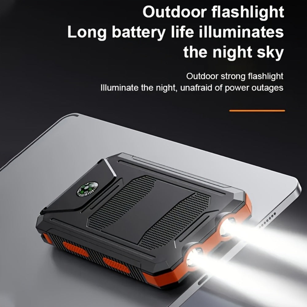 Solar Power Bank, 29800mAh Dual-USB 5V Charger with Solar Panel, Dual LED Flashlight, Compass and Eight Color Options