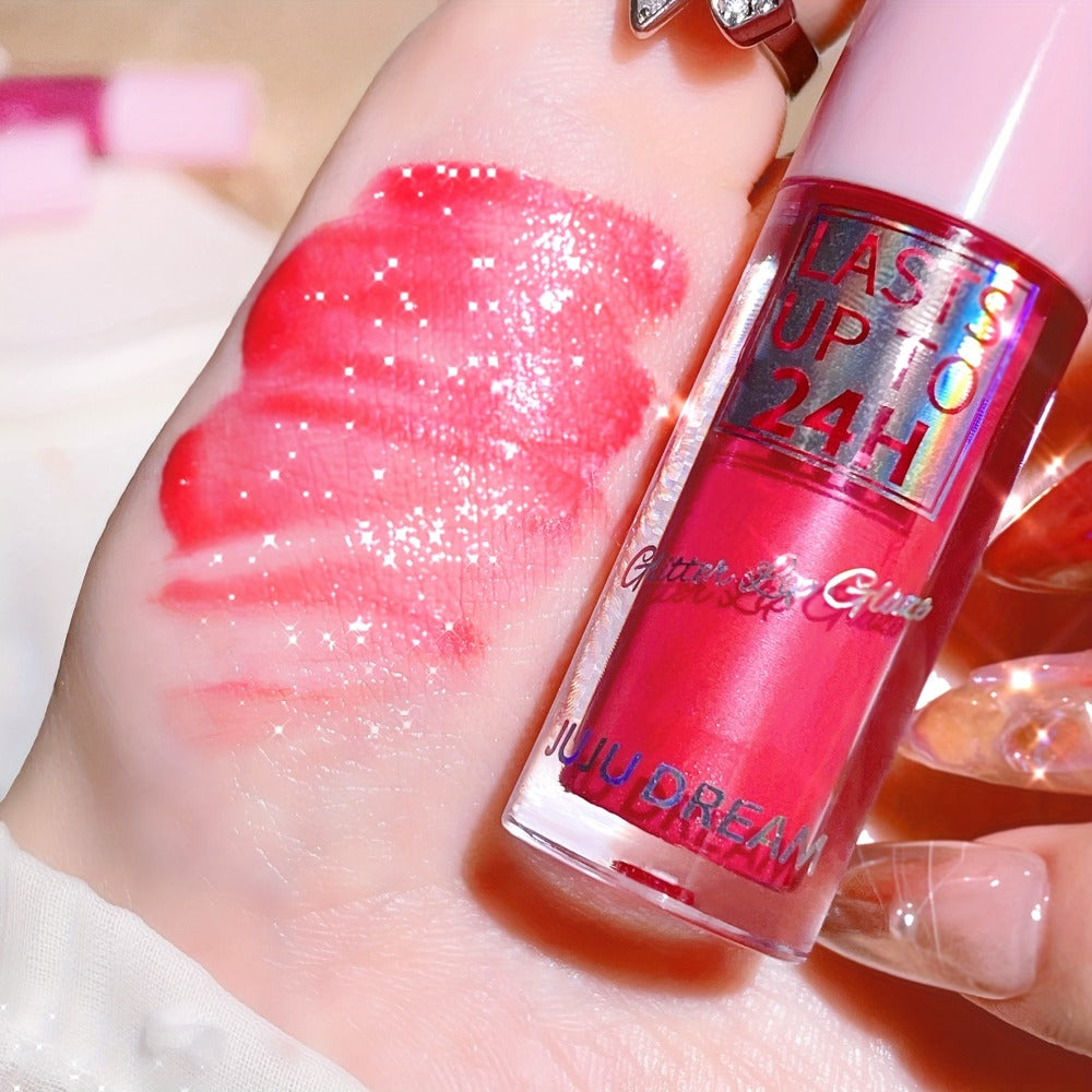24H Waterproof Glitter Lip Gloss & Lip Stain Set 3PCS – Moisturizing Lip Oil Formula, Long-Lasting Smudge-Proof Glitter Shine in Berry Coral Pink Red Shades for Women All Skin Tones