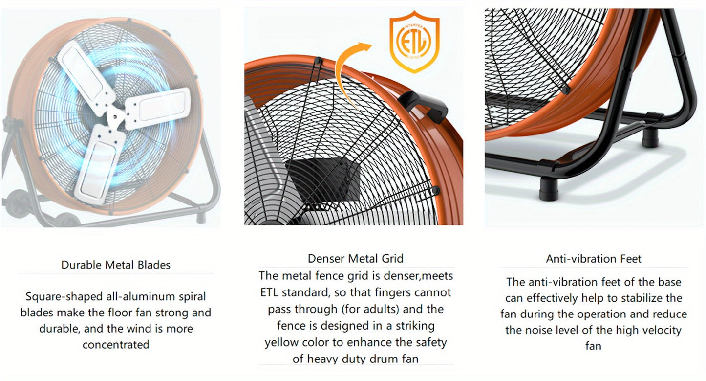 Industrial Drum Floor Fan with Three Speeds, Tilt Frame and 24- or 30-Inch Black, Orange, Green or Yellow Options