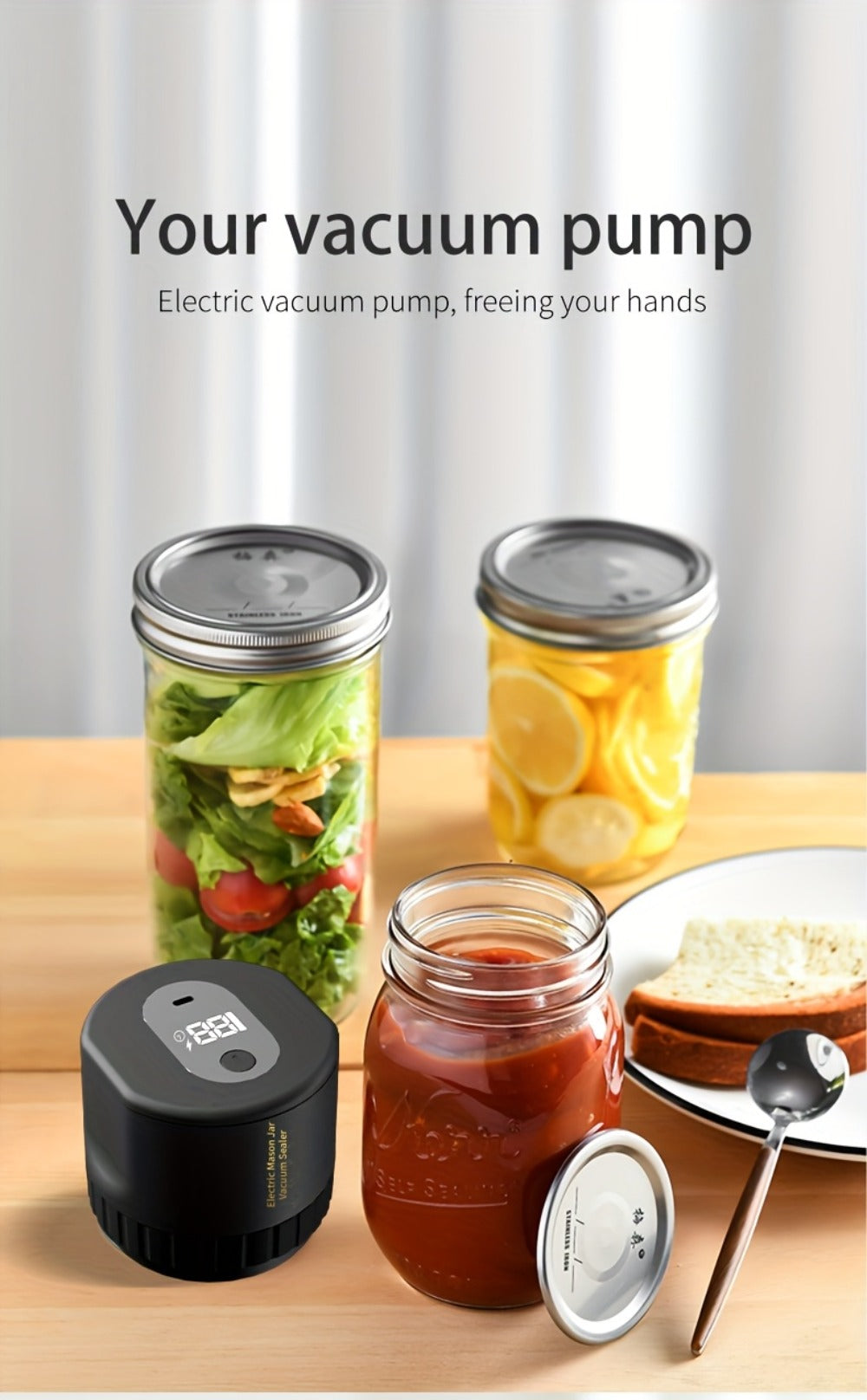 Electric Mason Jar Vacuum Sealer Kit with Regular- and Wide-Mouth Adapters, Lid Accessories and Charging Cable