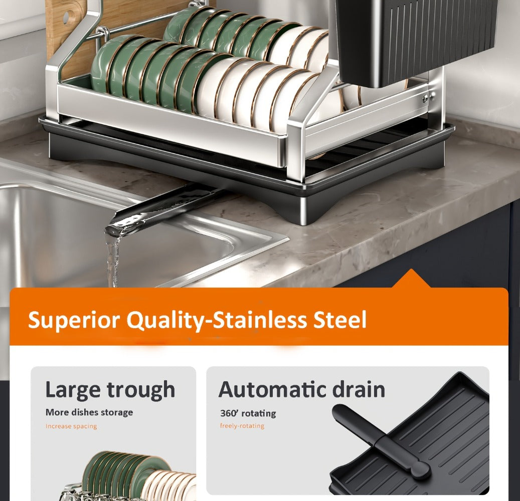Stainless Steel Two-Tier Dish Drying Rack with Drainboard, Cup Holders, Utensil Caddy and Lid Rack