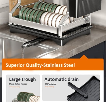 Stainless Steel Two-Tier Dish Drying Rack with Drainboard, Cup Holders, Utensil Caddy and Lid Rack