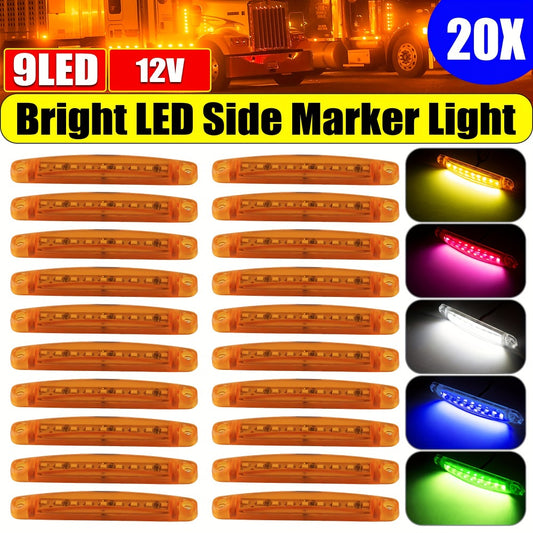 LED Side Marker Lights 20pcs, 12V 9-LED Clearance Indicator Lamp Bar for Truck Car Trailer, Waterproof Side Marker Light Kit in White Red Amber Blue Green