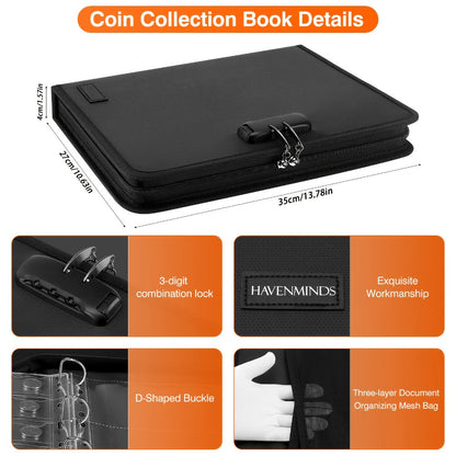 Locking Coin and Currency Collection Album with 300 Coin Pockets and 72 Bill Sleeves in a Black Carrying Case