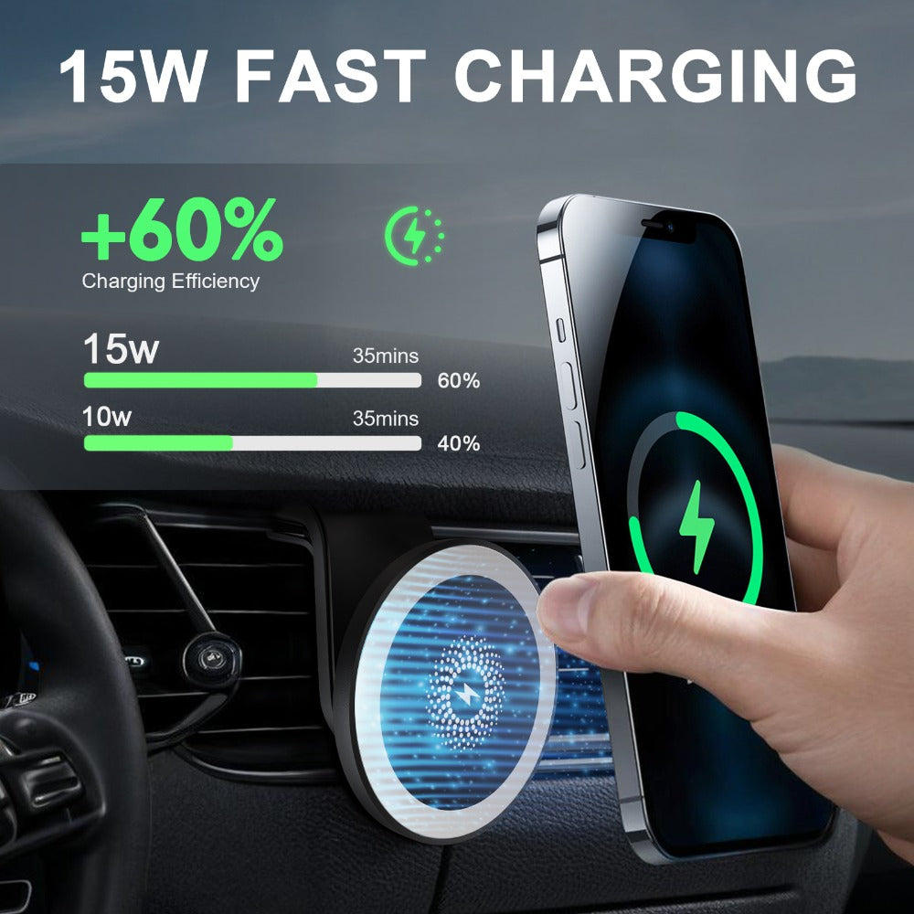 15W Magnetic Wireless Charging Car Phone Mount with Vent Clip, Swivel Joint and Black or White Finish