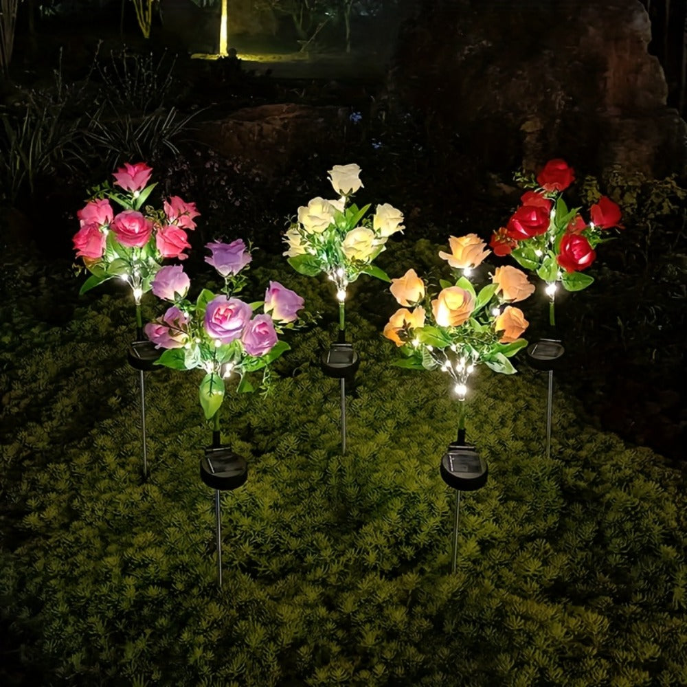 Solar Rose Garden Stake Lights with Separate Panels, Two Stakes and 14 Flowers in Red or Pink