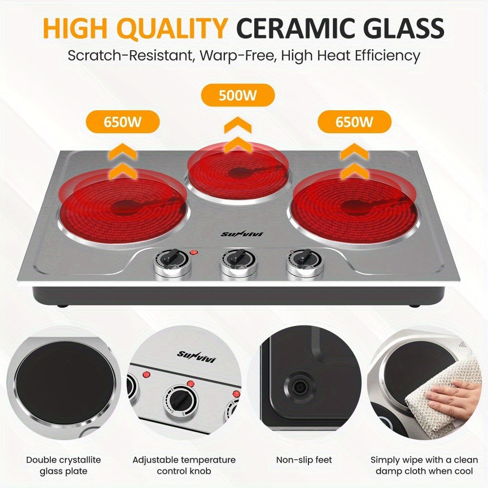 Portable Electric Cooktop Triple Burner 1800W – Royalcraft Countertop Electric Stove with Knob Control, Indicator Light, Compatible with All Cookware, Silver
