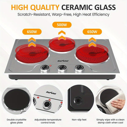Portable Electric Cooktop Triple Burner 1800W – Royalcraft Countertop Electric Stove with Knob Control, Indicator Light, Compatible with All Cookware, Silver