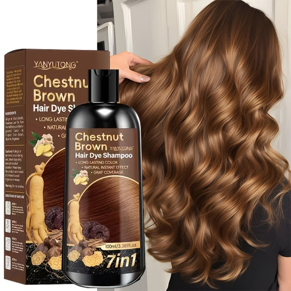 7-in-1 Gray Hair Coverage Color Shampoo with Ginger Oil Biotin & Rosemary — Gentle Scalp-Safe Formula, No Ammonia, Long-Lasting Color, 3 Shades Brown Chestnut Brown Black, Men & Women