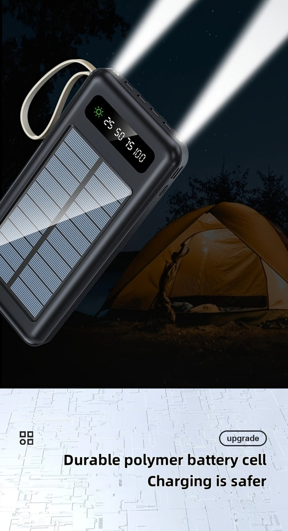 Solar Power Bank, 10000mAh to 30000mAh Charger with Built-In Cables, LED Light, Digital Display and 5W or 15W Options