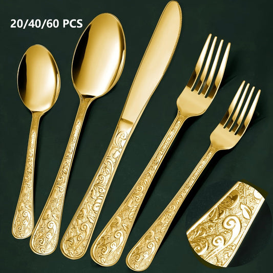 Flatware Set Stainless Steel Vintage Carved Cutlery Set Knife Fork Spoon Dishwasher Safe for Family Gatherings Holiday Parties Kitchen Decor