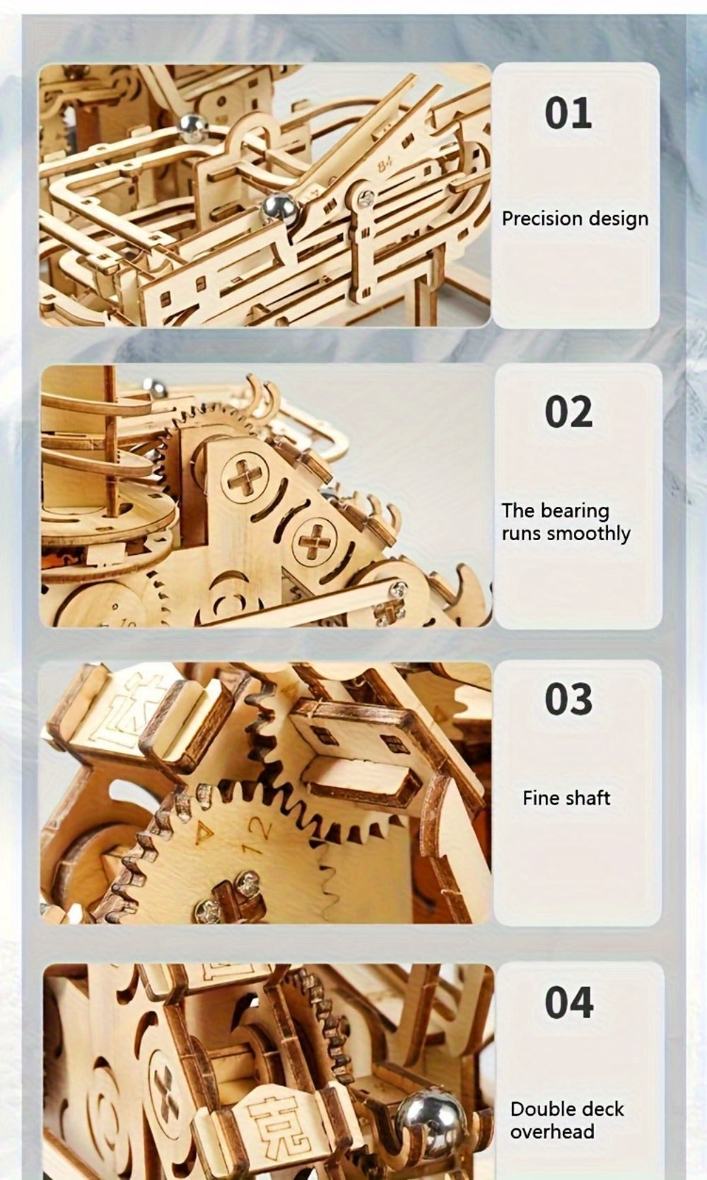 Wooden Marble Track Model Kit with Dual-Linkage A or B Builds, Laser-Cut Panels, Gears and Ball Rails