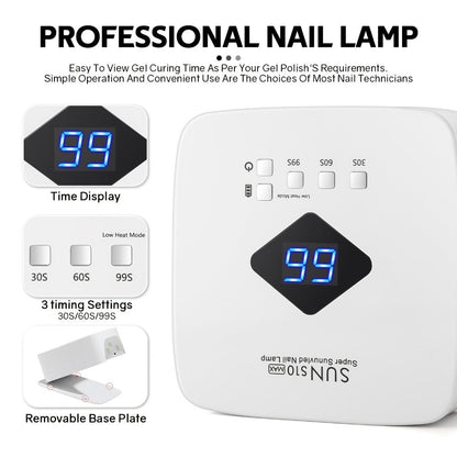 Wireless 30-Bead UV LED Nail Lamp in White with Three Timer Settings and SUN-S10MAX Model Label