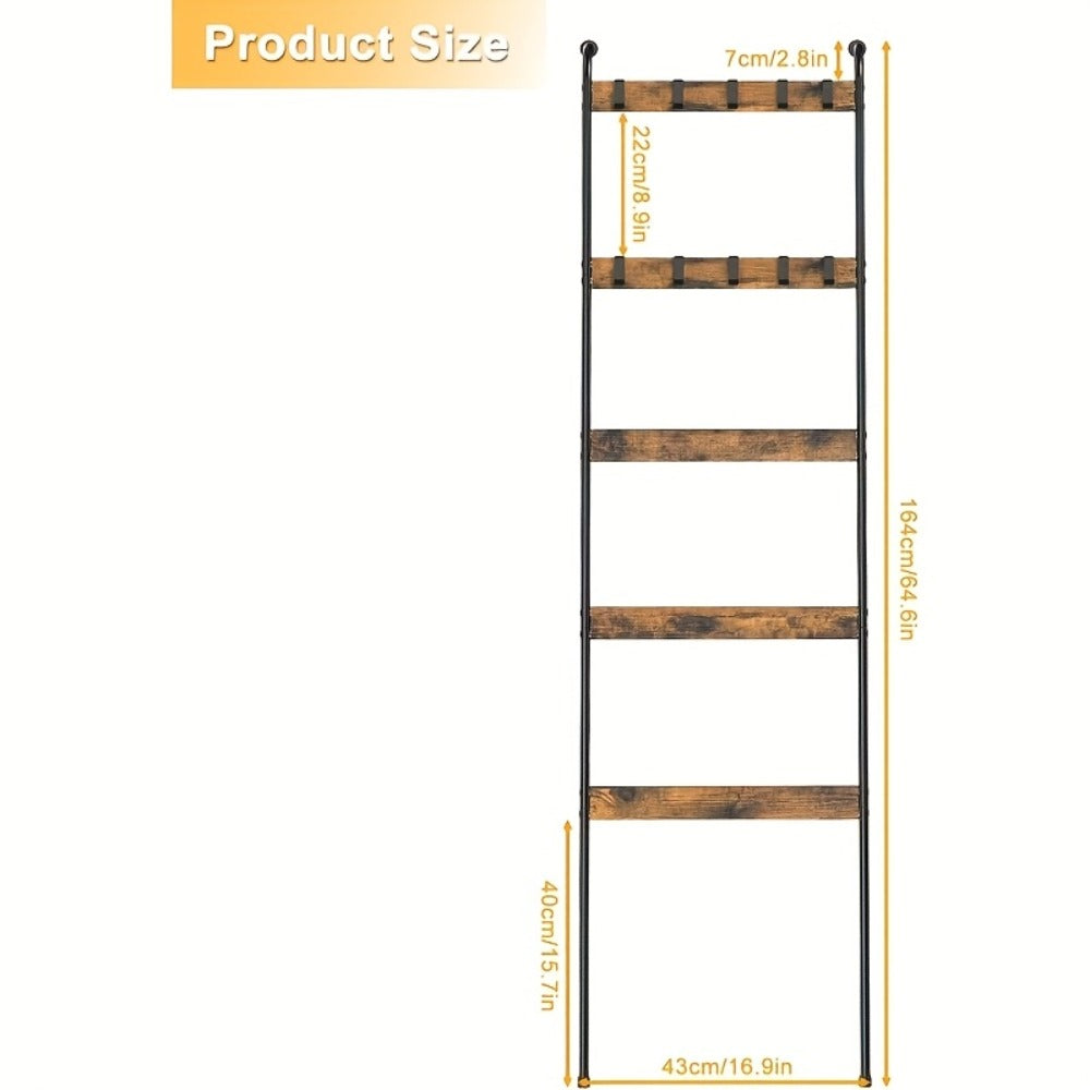 Five-Tier Brown Blanket Ladder with Ten Removable Hooks in One- or Two-Piece Checkout Options