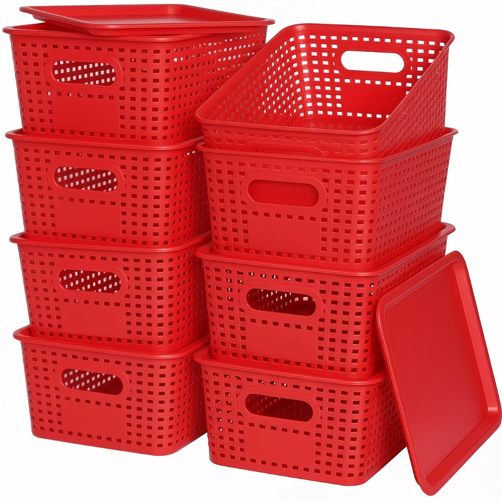 Storage Organizer Bins with Lids 4/8 Pack | Space-Saving Stackable Boxes 10"x7"x4" for Shelves, Closet & Desk - Declutter Bins for Dorm, Playroom & Office with File Organizer Bag, White Black Gray Red