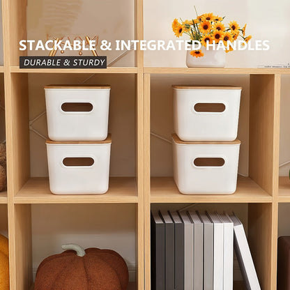 Plastic Storage Bins with Wood Lids Stackable Organizer with Handle and Labels for Home Office Kitchen Bedroom Closet Playroom 1 2 4 8 Pack