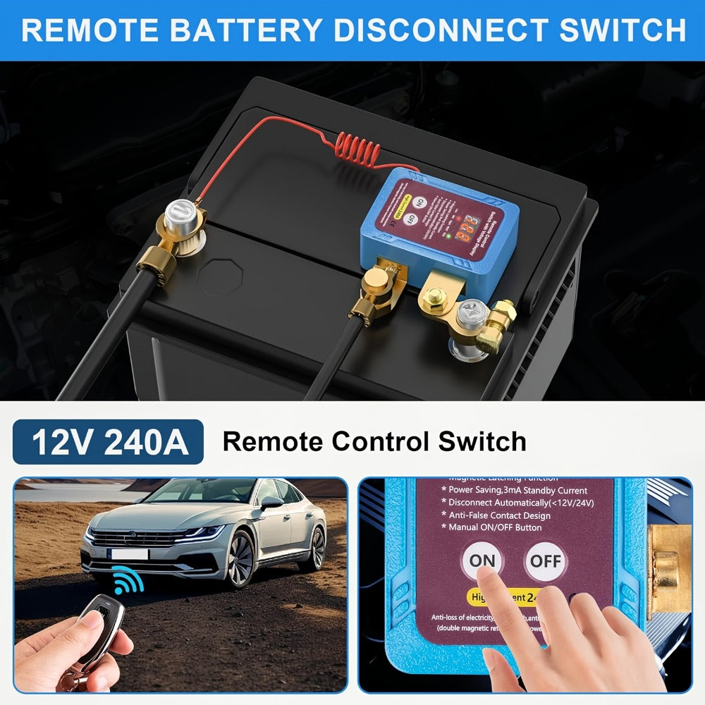 Battery Disconnect Switch 12V 240A – Smart LED Voltage Display Kill Switch, Anti-Theft Battery Drain Prevention for Car Truck RV (Wired Control, No Wireless on Main Body)