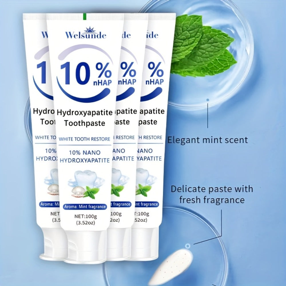 Four-Pack 100g Spearmint Toothpaste Tubes with 10% Hydroxyapatite Label and 400g Total Quantity