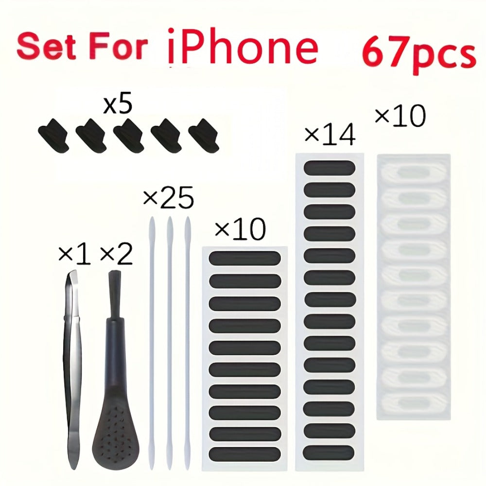 Phone Dust Plug Kit 67PCS – Type-C & Lightning Port Protectors, Speaker Dust Mesh Stickers, Cleaning Brush Set, Anti-Dust Caps for iPhone & Android Smartphones