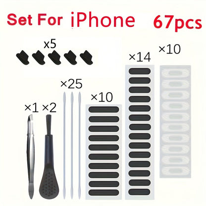 Phone Dust Plug Kit 67PCS – Type-C & Lightning Port Protectors, Speaker Dust Mesh Stickers, Cleaning Brush Set, Anti-Dust Caps for iPhone & Android Smartphones