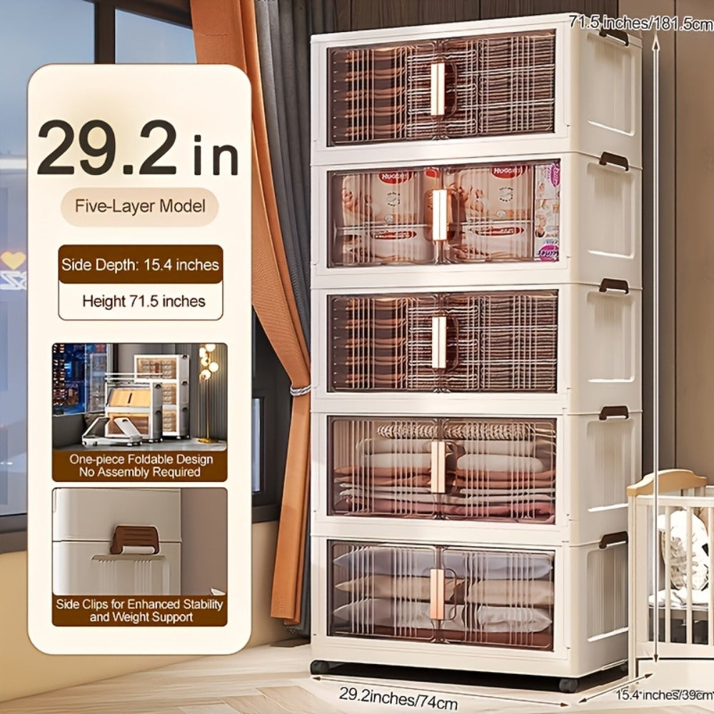 Storage Cabinet Folding Plastic Organizer with Magnetic Doors, Lockable Wheels and Three to Five Tiers
