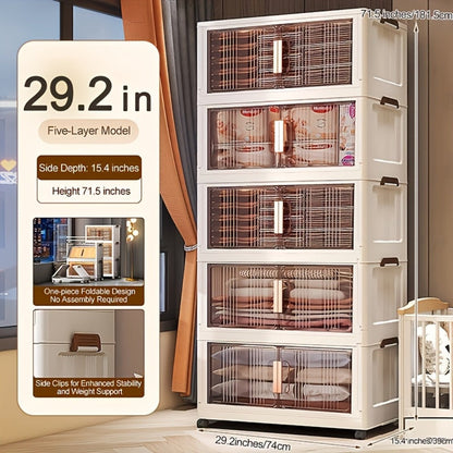 Storage Cabinet Folding Plastic Organizer with Magnetic Doors, Lockable Wheels and Three to Five Tiers