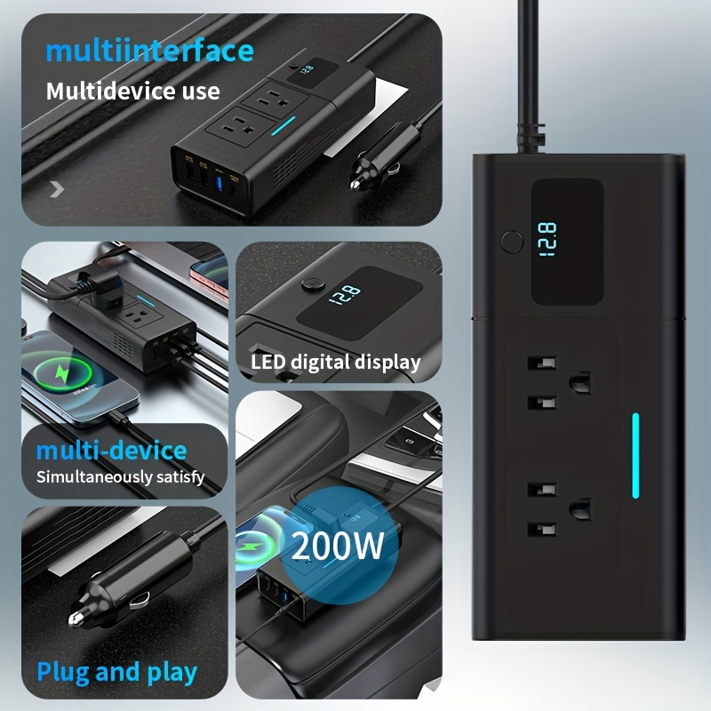 Black 200W Elongated Car Power Inverter Hub with Multiple 110V AC Outlets, USB Ports and Display